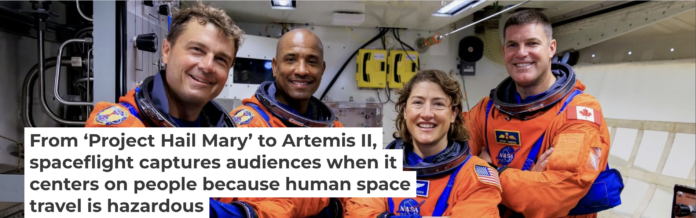The Artemis II crew poses during a ground systems test ahead of launch. NASA/Frank Michaux